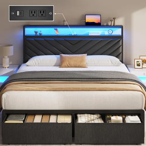 Vista 8 de Fluest Base de cama Queen con 2 cajones, cabecera tapizada con estación de almacenamiento y carga, luces LED, cajones de tela con ruedas Gris