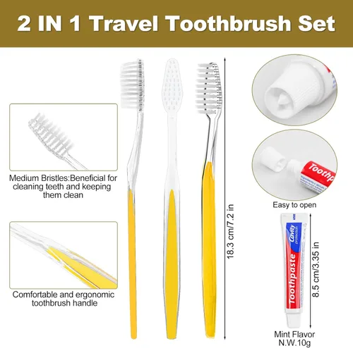 Vista 3 de Cepillos de dientes desechables con pasta de dientes envueltos individualmente, 5 colores, cepillo de dientes a granel y pasta de dientes, 0.35 oz