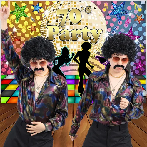 Vista 2 de Juego de 6 pelucas de discoteca de los años 70 y 80 con lentes de bigote, collar de lobo artificial, cadena dorada, pelo sintético corto y rizado