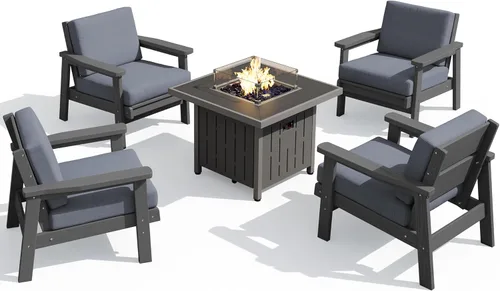 Vista 17 de SERWALL Sofá biplaza para patio al aire libre de HDPE, para todo tipo de clima, muebles de exterior de HDPE, marco negro y cojín gris