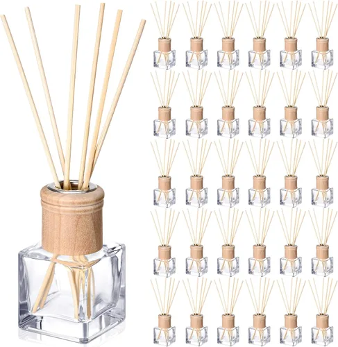 Vista 12 de Roshtia Juego de 2 Botellas Difusoras de Varillas Vacías y Rellenables, Botellas Difusoras de Fragancia de Vidrio con Tapas de Madera, Varillas