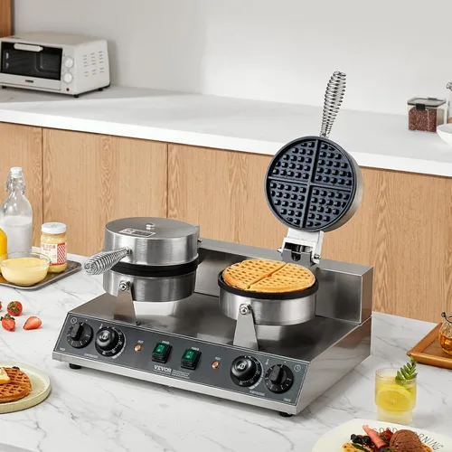 Vista 8 de VEVOR Gofrera Comercial, Máquina de Gofres de Doble Cabezal Redonda, Gofrera Belga de Acero Inoxidable Antiadherente de 2460W con Control