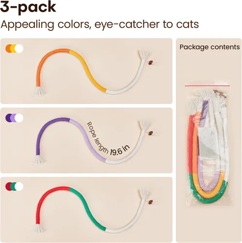 Vista 6 de Potaroma Juguetes para gatos con cuerdas para masticar 3 piezas con hierba gatera natural recargable, juguete seguro para limpieza de dientes