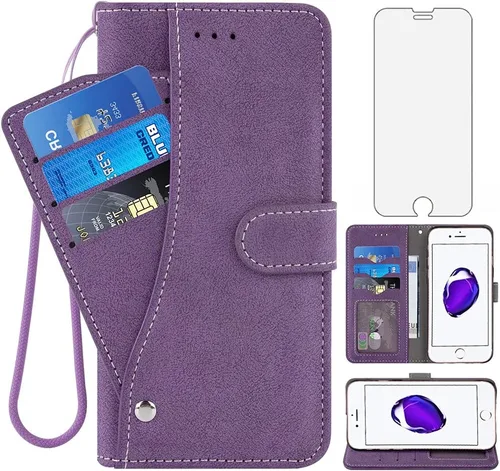 Compatible con iPhone 7plus 8plus 7/8 Plus Funda tipo cartera y protector de pantalla de vidrio templado, funda para monedero, tarjetero con soporte