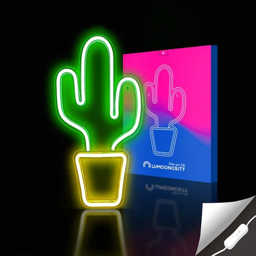 Vista 2 de Lumoonosity Luces de cactus – Luz de neón de cactus amarilla y verde para dormitorio – Señales de neón LED alimentadas por USB con interruptor