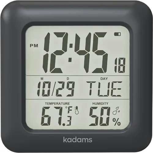 KADAMS Reloj de pared de cocina de 9.5 pulgadas con pantalla LCD grande, reloj de ducha con ventosa, temperatura, humedad, calendario, resistente al