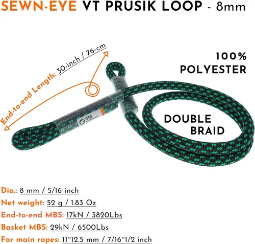 Vista 2 de GM CLIMBING 8mm (5/16") Prusik Swen Ojo a Ojo Precosido 30 pulgadas / 45 pulgadas