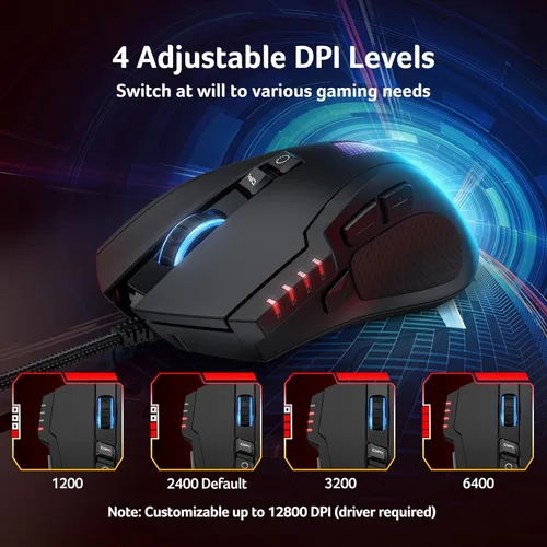 Vista 2 de acer Ratón para juegos con cable, mouse ergonómico RGB de 12,800 DPI con sensor óptico, 8 botones programables, 12 modos retroiluminados, software
