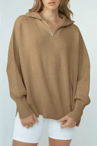Vista 2 de EFAN Suéter de punto holgado de gran tamaño con cremallera de un cuarto para mujer, manga larga, cuello dividido, dobladillo dividido, suéter