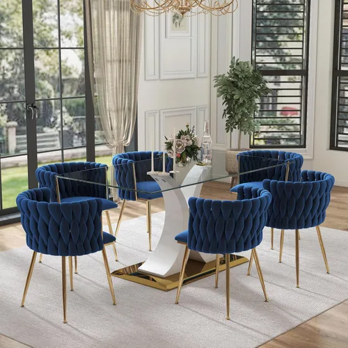 Vista 20 de Juego de comedor moderno de vidrio de lujo de 7 piezas, juego de cena rectangular minimalista grande para 6, juego de mesa de cocina de vidrio