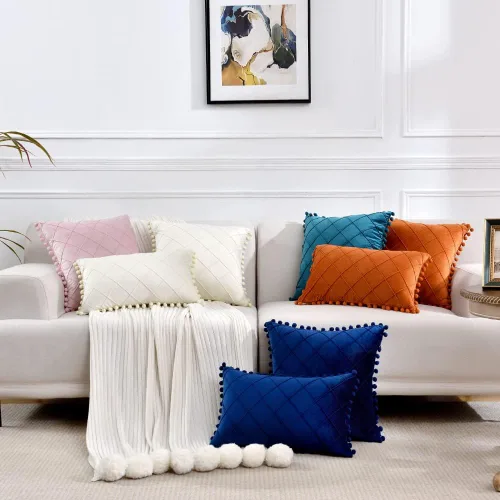 Vista 7 de Fancy Homi Paquete de 2 fundas de almohada decorativas de otoño naranja quemado de 18 x 18 pulgadas con pompones para sofá, cama, sala de estar