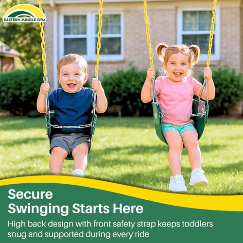 Vista 7 de Columpio Eastern Jungle Gym resistente, con respaldo alto, para bebés, con cadenas cubiertas y correa de seguridad
