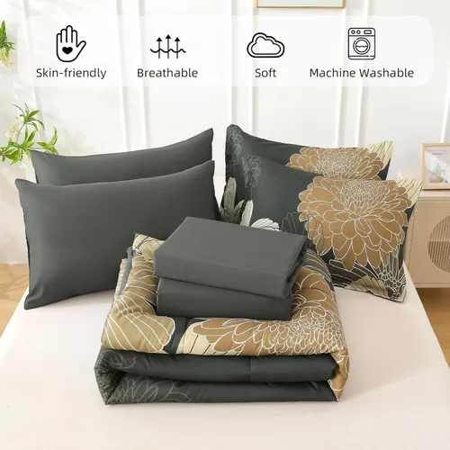 Vista 76 de Yiran - Juego de 7 piezas de edredón floral azul, juego de cama en una bolsa, tamaño Queen, juego de edredón de microfibra suave