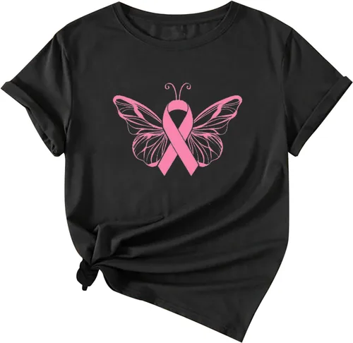 Breast Cancer Shirts for Women Casual Pink Ribbon Graphic Tee Shirts Casual Loose Short Sleeve Awareness Sweatshirt