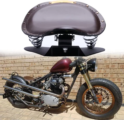 Vista 7 de Asiento Individual de Motocicleta Marrón de 3 Pulgadas con Remaches y Resorte con Placa Base, Kit de Montaje de 3 Pulgadas Compatible con Harley