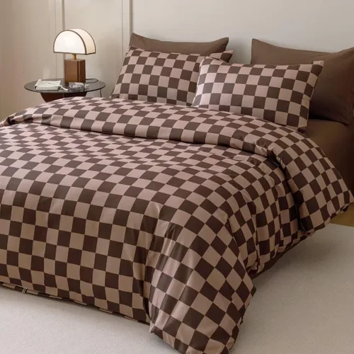 Vista 317 de CLOTHKNOW Juego de edredón de 3 piezas a cuadros color beige óxido, tamaño Full, juego de ropa de cama de cuadros edredón terracota con 2 fundas