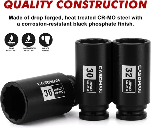 Vista 5 de CASOMAN Juego de dados de impacto de tuerca de eje profundo de transmisión de 1/2 pulgada, métrica de 12 puntos, CR-MO, 30,32,34,36 in, juego