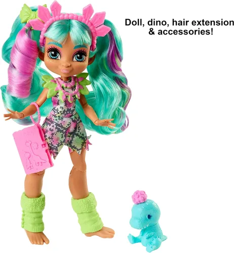 Vista 3 de Mattel Cave Club Rockelle Muñeca (8 10 pulgadas, cabello verde azulado) Muñeca de moda prehistórica posable con dinosaurio mascota y accesorios