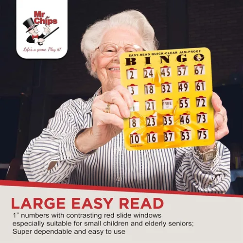 Vista 7 de MR CHIPS Tarjetas de bingo a prueba de atascos con ventanas deslizantes, 25 tarjetas de obturador reutilizables, 75 tarjetas de llamadas, 1 tablero
