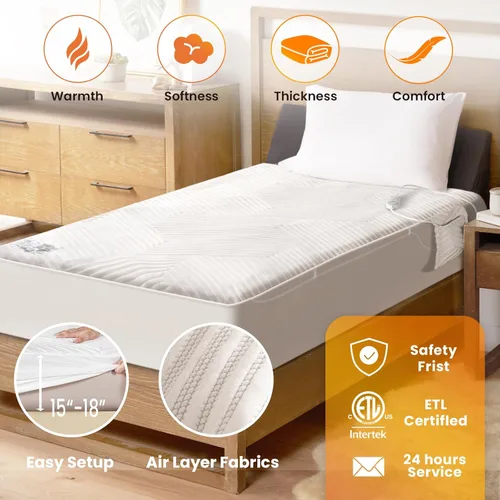 Vista 3 de Almohadilla de colchón eléctrica con calefacción tamaño completo, calentador de cama de control único, bolsillo profundo, bolsa de almacenamiento