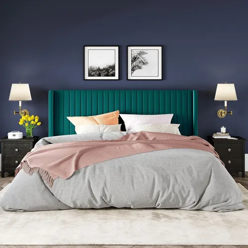 Vista 44 de Allewie Marco de cama de terciopelo tamaño Queen, cabecera capitonada con canal vertical, plataforma tapizada, listones de madera fuertes,
