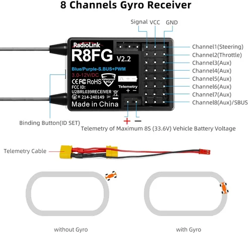 Vista 3 de Radiolink R8FG V2.2 - Receptor de giroscopio de 8 canales, 2 piezas, telemetría de voltaje de control de largo alcance de 2.4 GHz, 1,968.5 ft