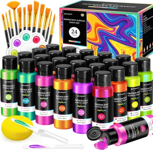Juego de 40 piezas de pintura acrílica iridiscente con 12 pinceles, 2 cuchillos y paleta, 24 colores (2 onzas/2.0 fl oz), pintura para manualidades