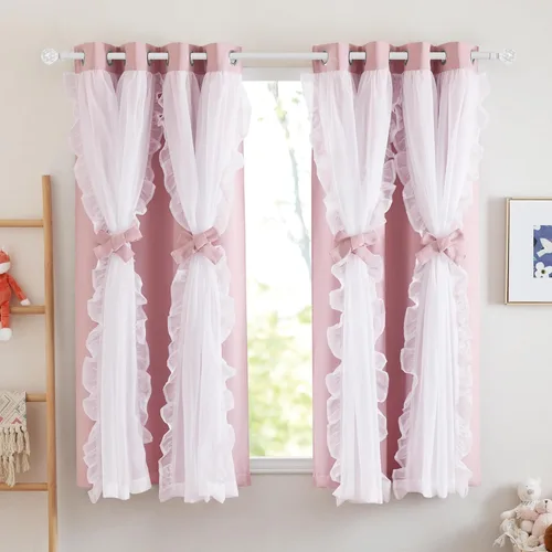 Vista 18 de PONY DANCE Cortinas con Volantes de Doble Capa con Superposición Transparente, Decoración Elegante para Ventanas de Diseño Rústico Francés de Campo