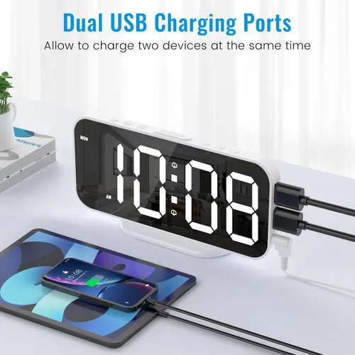 Vista 5 de Alarm Clocks for Bedrooms, Slim LED Mirror Digital Alarm Clock, Large Display with Diming Mode, Dual Alarms & USB Ports, 4 Levels Brightness, Desk