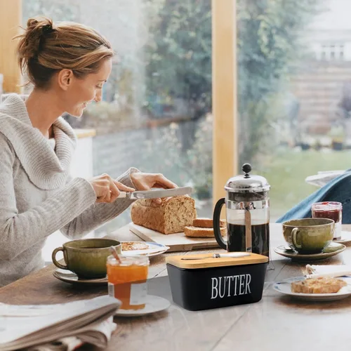 Vista 5 de Hasense Mantequillera con Tapa, Plato de Mantequilla de Cerámica con Cuchillo para Encimera, Recipiente Hermético Cubierto para Mantener Negro