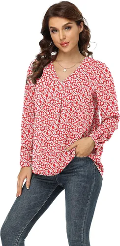 Vista 3 de Jouica Blusas para mujer, blusa casual de gasa, holgada, con cuello en V, manga larga