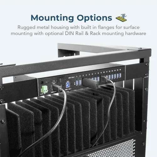 Vista 3 de Coolgear Hub USB 3.2 de 16 puertos con puertos dobles ascendentes, protección contra sobretensiones, bloqueo de tornillo, montaje en rack y riel DIN
