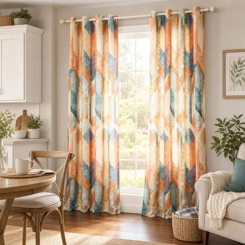 Vista 17 de Leeva Cortinas Pesadas y Drapeados para Patio y Oficina, Parte Superior con Ojales, Estampado Geométrico Azul Vintage, Tratamiento de Ventanas