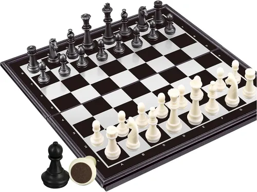 Vista 2 de WEofferwhatYOUwant Juego de ajedrez magnético 3 en 1, juego de mesa de viaje con damas y backgammon de 10 pulgadas, tablero de ajedrez plegable