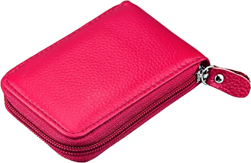 Vista 8 de Billetera con cierre de cuero genuino con tarjetero con bloqueador de señal RFID, S, Rojo rosa