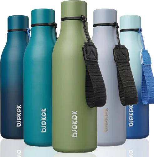 Vista 21 de BJPKPK Botellas de agua aisladas, botella de agua de metal de acero inoxidable de 12 onzas con correa, sin BPA a prueba de fugas, jarras, tazas