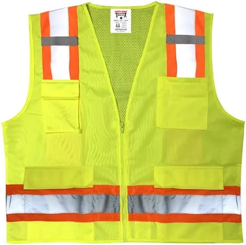 Vista 3 de Chaleco de topógrafo de alta visibilidad de alta calidad, parte trasera de malla frontal sólida, paquete de 10, Amarillo, XXL