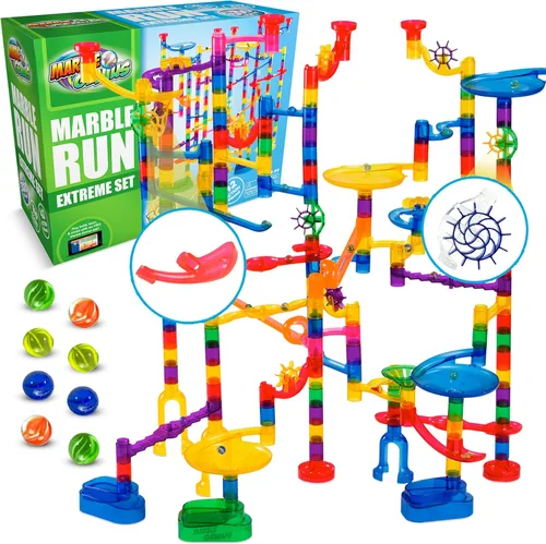 Vista 9 de Marble Genius Marble Run Explorer Set, juguetes STEM y construcción de laberintos, 85 piezas de pista translúcidas y canicas de vidrio
