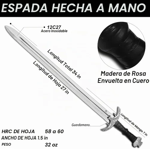 Vista 2 de Espada medieval de doble filo, hoja de acero inoxidable, espada de armado real para adultos, agarre de cuero con vaina