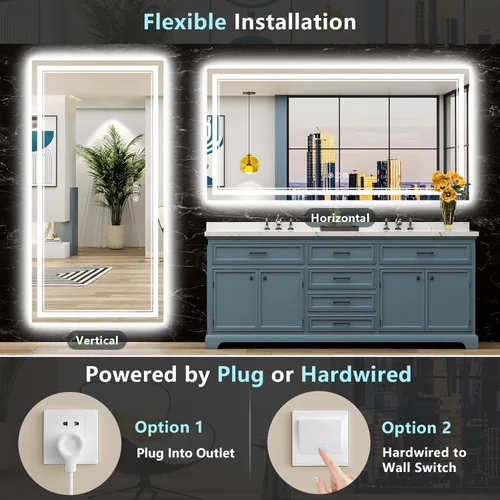 Vista 76 de Espejo de baño LED de 20 x 28 pulgadas con luces, retroiluminado y frontal iluminado antivaho para pared de baño, regulable, luz de 3