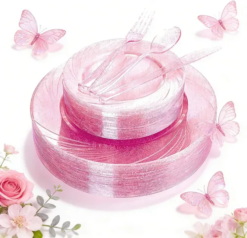 Vista 12 de WDF 25 platos azules para invitados con cubiertos desechables y vasos azules, vajilla de plástico transparente neón incluye 25 platos de cena