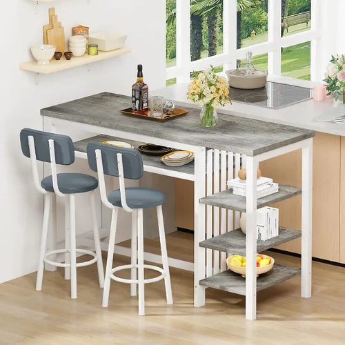 Vista 5 de DKLGG Juego de mesa de comedor para 2, juego de comedor rústico a altura de bar con almacenamiento y taburetes de mostrador, mesa de isla para Marrón