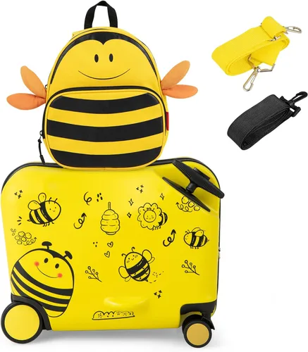 HONEY JOY Maleta de paseo para niños, mochila de viaje para niños de 12 pulgadas y equipaje de mano rígido de 18 pulgadas, correa ajustable