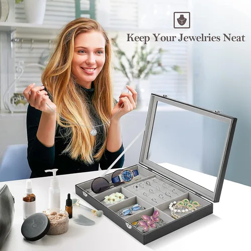 Vista 8 de ProCase - Juego de 3 bandejas de joyería apilables para cajones con organizador de joyas ProCase con bandeja organizadora de joyas con tapa