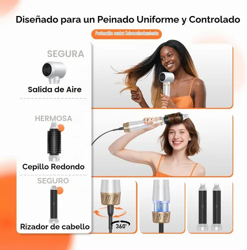 Cepillo secador de pelo 5 en 1, cepillo secador de pelo mejorado con rizador de aire, rizador de aire para rizos envolventes, cepillo de aire Dorado