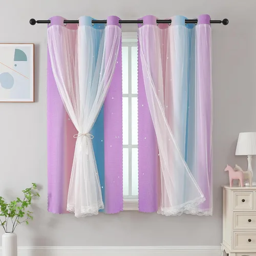 Vista 13 de XiDi Cortinas rosas y grises para dormitorio de niñas, calcomanías de pared de unicornio, cortina verde, cortinas de oscurecimiento de habitación