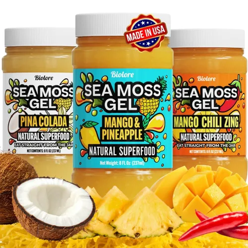 Biolore Paquete de 3 mermeladas de gelatina superalimentos sin azúcar añadida – 24 onzas en total – Mango-Piña, Piña Colada, Mango Chili Zinc –