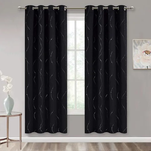 Vista 2 de StangH Foil Print Wave Line Cortinas opacas de línea ondulada Plateado y negro