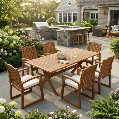 Vista 12 de Juego de comedor de patio al aire libre de 7 piezas, madera de acacia con marco de hierro, mesa rectangular para todo tipo de clima y 6 sillas