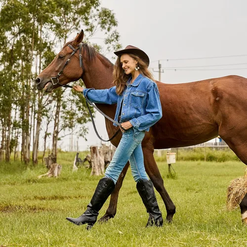 Vista 5 de Mostrin Botas vaqueras bordadas para mujer, botas vaqueras con punta puntiaguda, botas altas hasta la rodilla, tacón grueso, botas occidentales